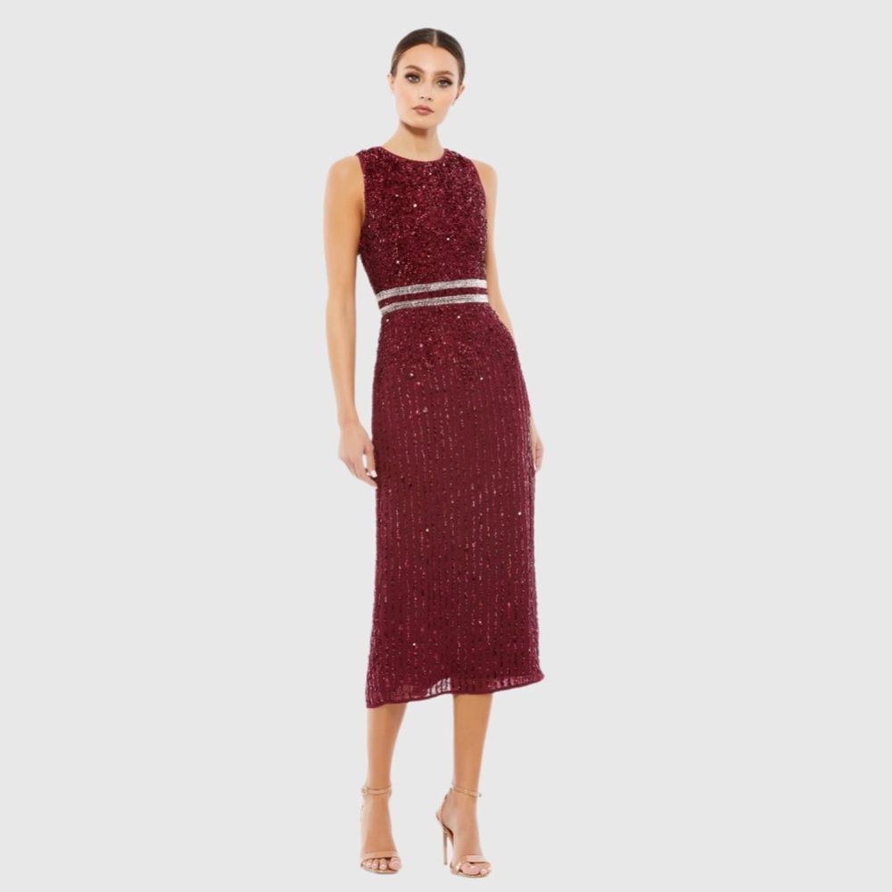 Mac Duggal Sleeveless High Neck Beaded Midi dress size‎ 0 10509 NWT